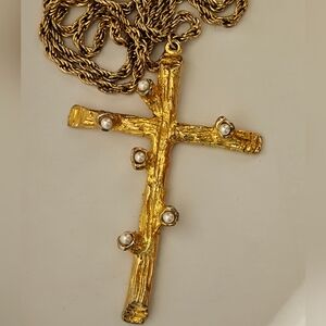 Modernist Brutalist Crucifix Cross Pendant Necklace Gold Tone